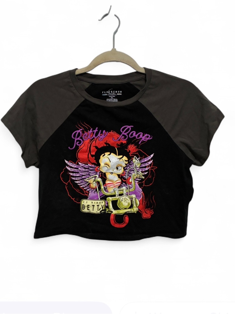 Fleischer Betty Boop Black & Brown Cropped Biker Graphic Short Sleeve Tee
